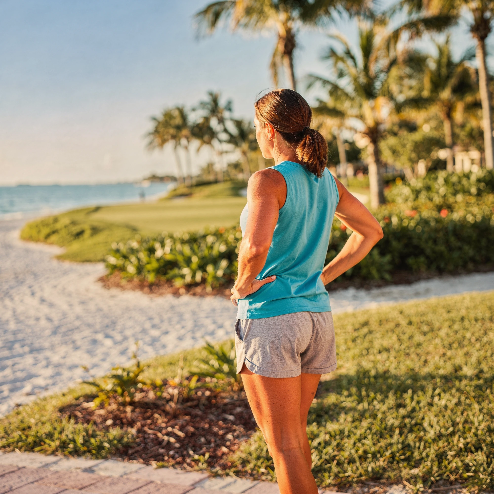 Woman in athletic wear jogging along a beach path with palm trees and water in background